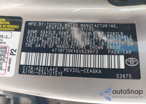 2006 Toyota Camry Xle V6 from USA, damaged, VIN 4T1BF30K46U629672